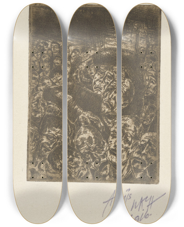 Triptych art skateboard deck of Aloys Wach Revolte by Aloys Wach (1892-1940)