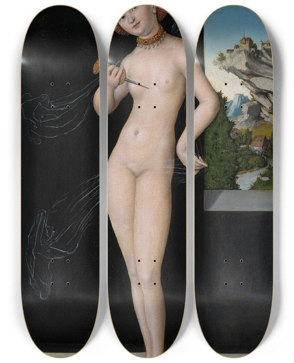 Triptych art skateboard deck of Lucas Cranach The Elder Lucretia_2 by Lucas Cranach The Elder (1472-1553)