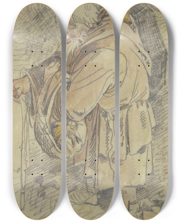 Triptych art skateboard deck of Wilhelm Busch A Monk by Wilhelm Busch (1832-1908)