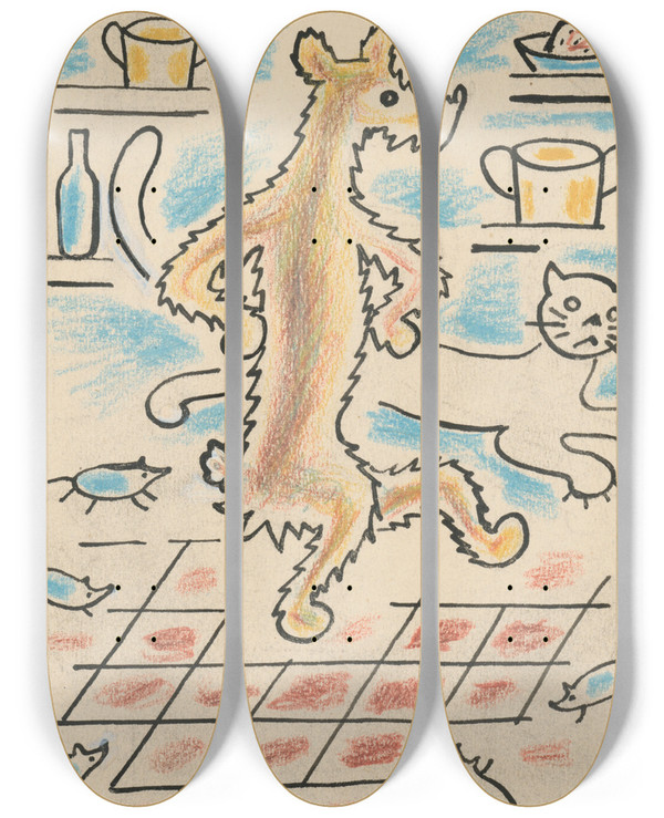 Triptych art skateboard deck of Josef Apek I Had A Dog And A Cat Pl 05 by Josef apek (1887-1945)