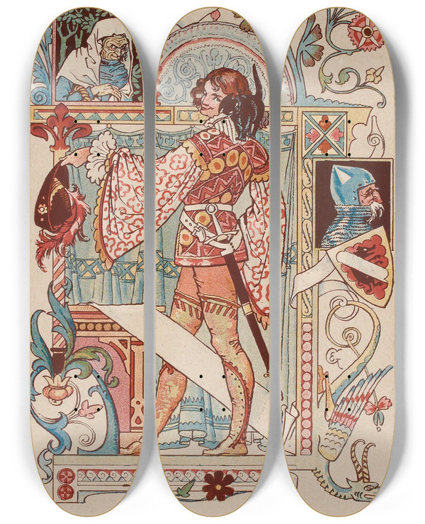 Triptych art skateboard deck of Eugne Grasset Chevalier Inscrit Dans Une Enluminure by Eugene Grasset (1841-1917)
