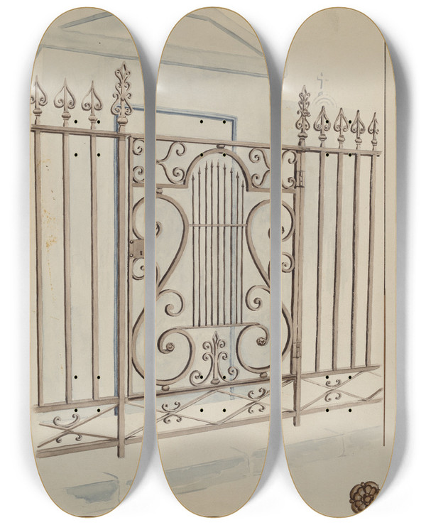Triptych art skateboard deck of Lucien Verbeke Wrought Iron Gate And Fence by Lucien Verbeke