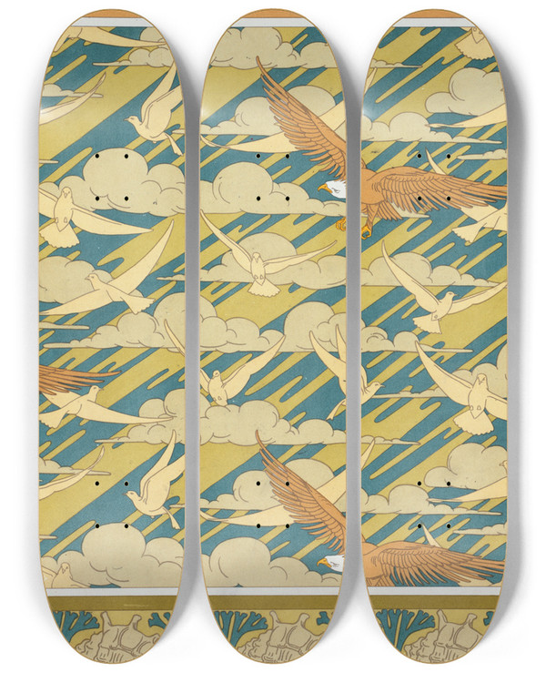 Triptych art skateboard deck of Maurice Pillard Verneuil Carpocoris Bordure Aigles Et Pigeons Papier Peint Coquillages Et Algues Bordure by Maurice Pillard Verneuil (1869-1942)