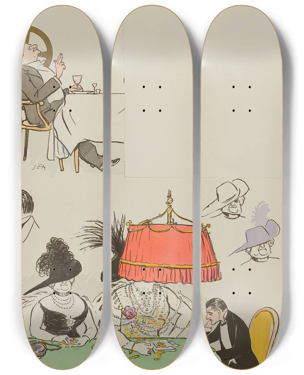 Triptych art skateboard deck of Georges Goursat Sem Raoul De Gunsbourg Et Personnages Non Identifis by Georges Goursat (Sem) (1863-1934)
