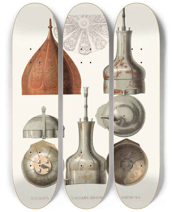 Triptych art skateboard deck of Fedor Grigoryevich Solntsev Shishak Mednyi Shishak Mongolskii I Misiurka by Fedor Grigoryevich Solntsev (1801-1892)