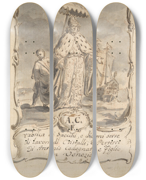 Triptych art skateboard deck of Pietro Antonio Novelli Design For A Trade Card by Pietro Antonio Novelli (1729-1804)