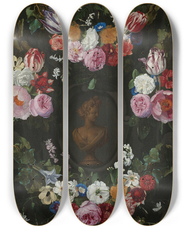 Triptych art skateboard deck of Jan Philips Van Thielen Cartouche Decorated With Swags And Sprays Of Flowers by Jan Philips Van Thielen (1618-1667)