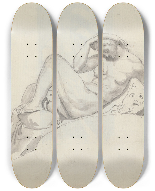 Triptych art skateboard deck of John Flaxman Study Of Night By Michelangelo Tomb Of Giuliano De Medici Church Of San Lorenzo Florence by John Flaxman (1755-1826)