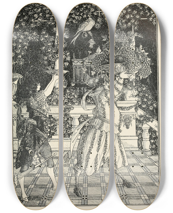 Triptych art skateboard deck of Aubrey Vincent Beardsley Under The Hill Pl03 by Aubrey Vincent Beardsley (1872-1898)