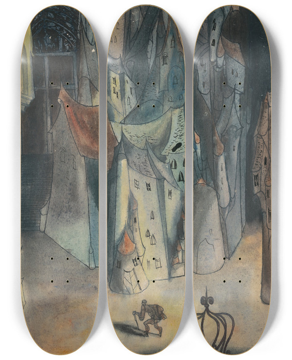 Triptych art skateboard deck of Jn Novk Study For A Slovak Fairytale I by Jan Novak (1921-1944)