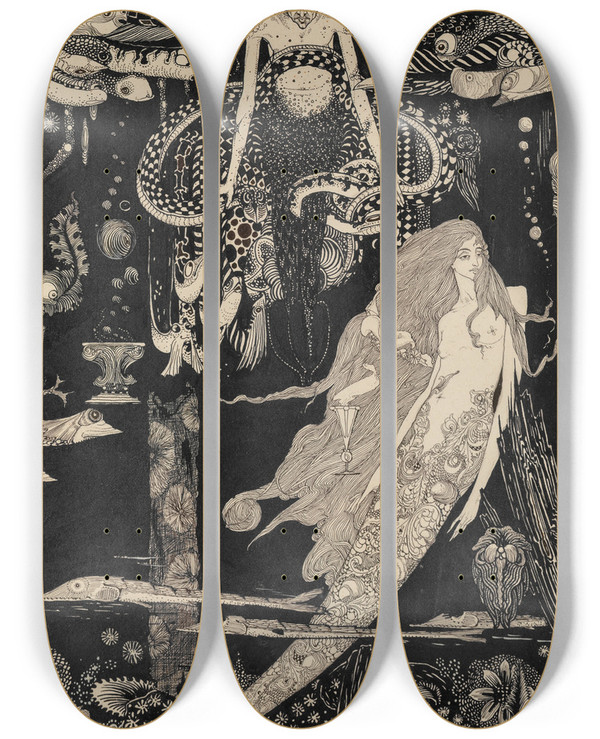 Triptych art skateboard deck of Harry Clarke The Little Sea Maid by Harry Clarke (1889-1931)