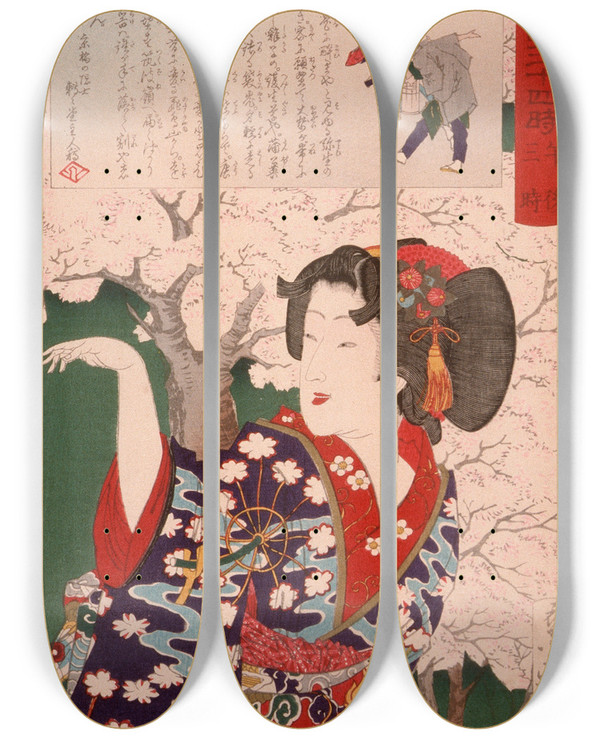 Triptych art skateboard deck of Tsukioka Yoshitoshi Geisha By Cherry Trees At 300 Pm by Tsukioka Yoshitoshi (1839-1892)