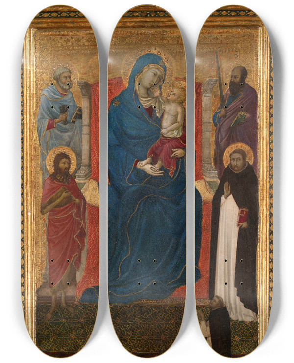 Triptych art skateboard deck of Ugolino Di Nerio Virgin And Child Enthroned With Saints Peter Paul John The Baptist And Dominic And A Dominican Supplicant by Ugolino di Nerio (1280-1349)