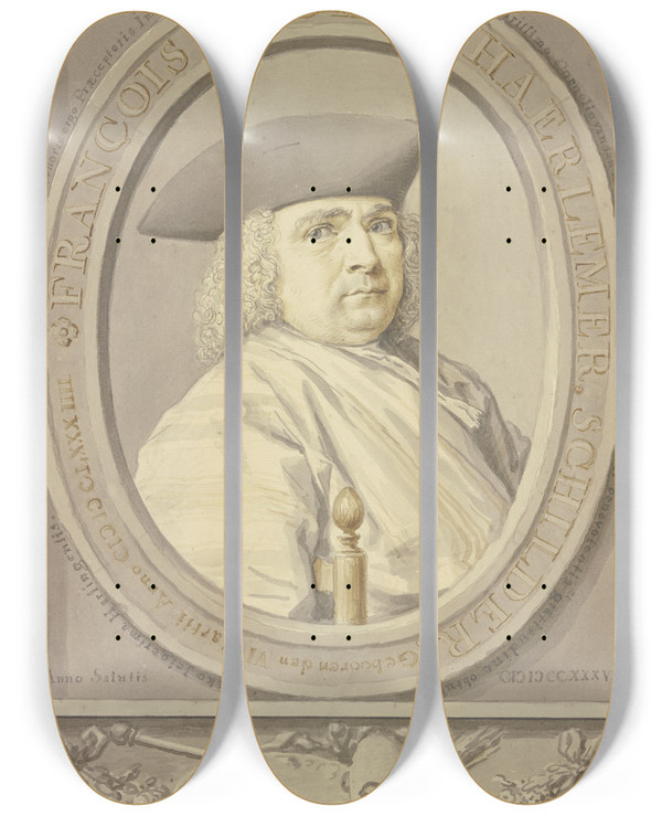 Triptych art skateboard deck of Tako Hajo Jelgersma Brustbild Des Franois Decker by Tako Hajo Jelgersma (1702-1795)