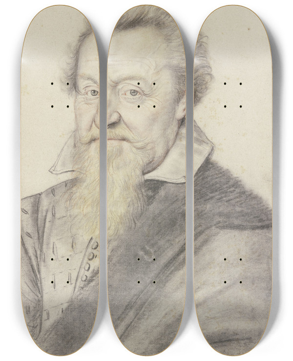 Triptych art skateboard deck of Daniel Dumonstier Brustbild Eines Lteren Mannes Mit Blondem Bart Den Mantel Ber Die Schulter Geworfen_1 by Daniel Dumonstier (1574-1646)