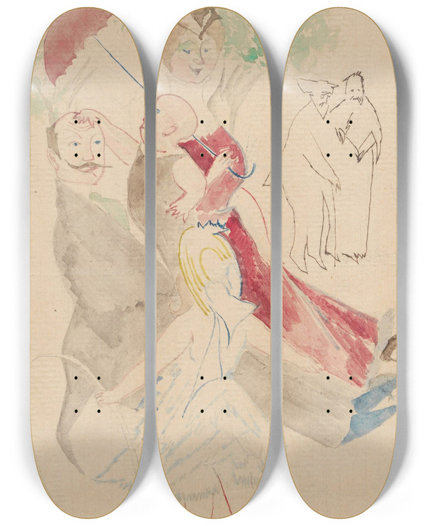 Triptych art skateboard deck of Zygmunt Waliszewski In A Park by Zygmunt Waliszewski (1897-1936)