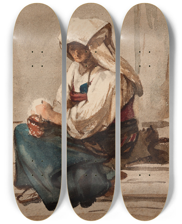 Triptych art skateboard deck of Julie Wilhelmine Hagenschwarz Italian Woman by Julie Wilhelmine Hagen-Schwarz (1824-1902)