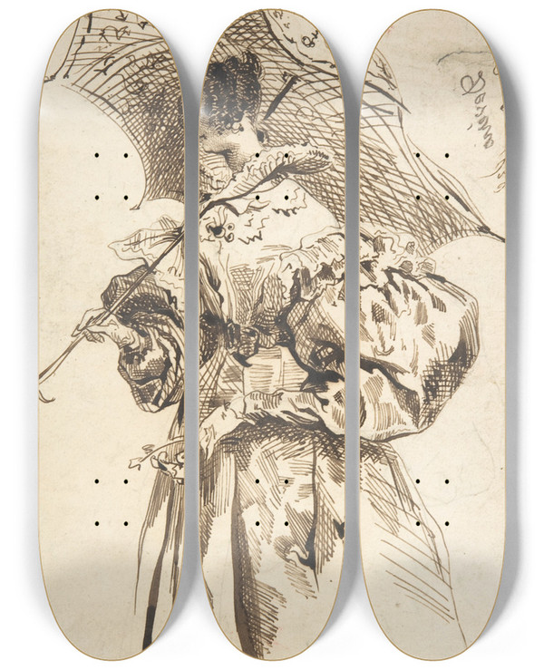 Triptych art skateboard deck of Achille Devria Lady With A Parasol by Achille Deveria (1800-1857)
