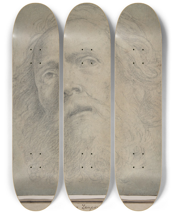 Triptych art skateboard deck of Domenichino Head Of A Bearded Man by Domenichino (1581-1641)