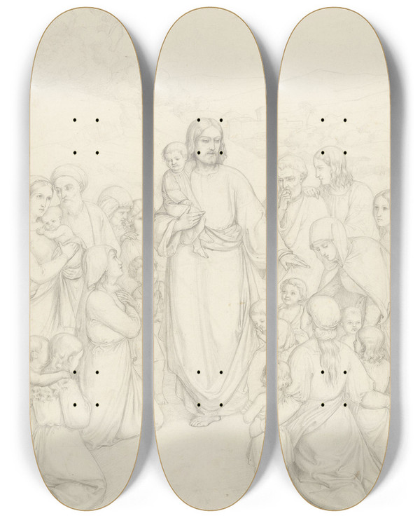 Triptych art skateboard deck of Adolph Tidemand Jesus Blesses The Children by Adolph Tidemand (1814-1876)