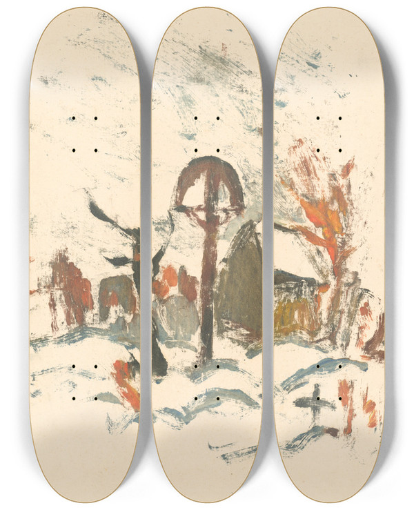 Triptych art skateboard deck of Zolo Palugyay Village Cemetery In Winter by Zolo Palugyay (1898-1935)