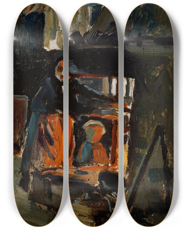 Triptych art skateboard deck of Akseli Gallenkallela In Front Of The Stove Inside The Living Room by Akseli Gallen Kallela (1865-1931)