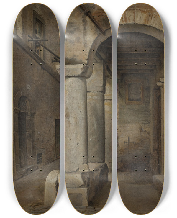 Triptych art skateboard deck of Ernst Meyer A Roman Alley by Ernst Meyer (1797-1861)