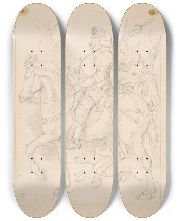 Triptych art skateboard deck of Sir John Tenniel The Knight And His Companion by Sir John Tenniel (1820-1914)