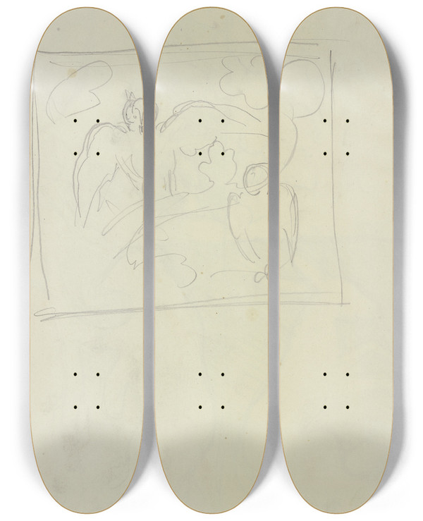 Triptych art skateboard deck of Moritz Von Schwind Zwei Eulen In Einem Baum by Moritz Von Schwind (1804-1871)