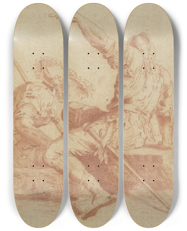 Triptych art skateboard deck of Salvator Rosa Two Sitting Soldiers by Salvator Rosa (1615-1673)