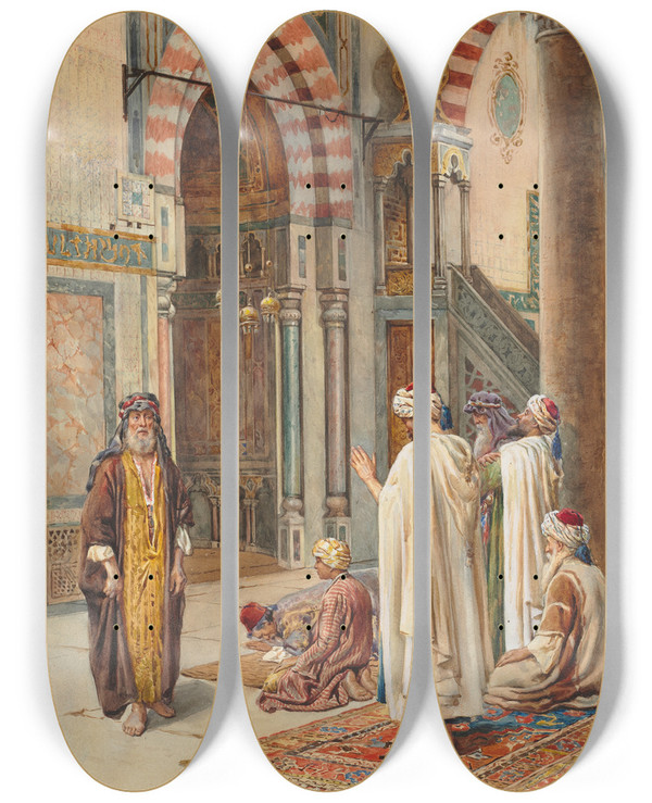 Triptych art skateboard deck of P Pavesi Moslems At Prayer by P Pavesi
