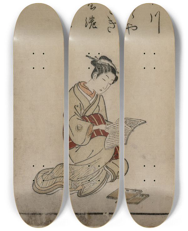 Triptych art skateboard deck of Suzuki Harunobu The Courtesan From A Collection Of Beautiful Women Of The Yoshiwara by Suzuki Harunobu (1724-1770)