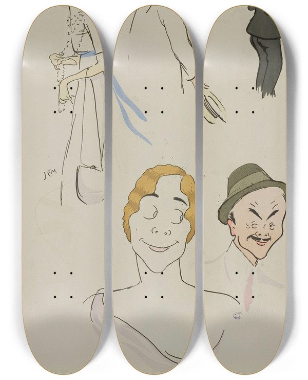Triptych art skateboard deck of Georges Goursat Sem M Et Mme Doyen Saintalary Madame Charron Fernand Charron by Georges Goursat (Sem) (1863-1934)