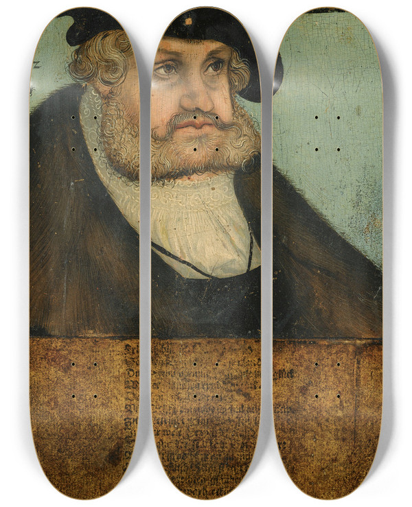 Triptych art skateboard deck of Lucas Cranach The Elder Portrait Of The Elector Frederick Iii The Wise Of Saxony 14631525 by Lucas Cranach The Elder (1472-1553)