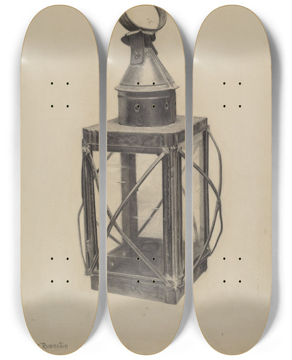 Triptych art skateboard deck of Lazar Rubinstein Hand Lantern_1 by Lazar Rubinstein
