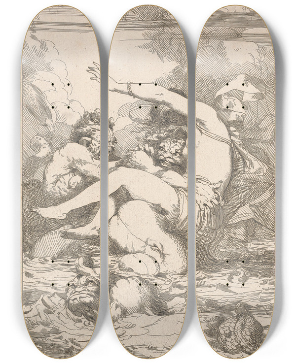 Triptych art skateboard deck of John Hamilton Mortimer Jealous Monster by John Hamilton Mortimer (1740-1779)