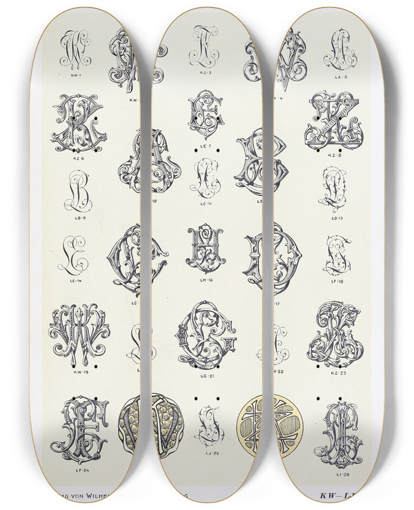 Triptych art skateboard deck of Wilhelm Diebener Monogrammes Und Dekorationen Pl044 by Wilhelm Diebener (1922)