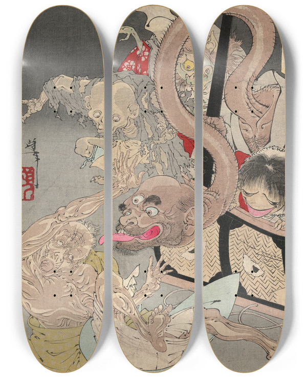 Triptych art skateboard deck of Tsukioka Yoshitoshi Omoi Tsuzura_2 by Tsukioka Yoshitoshi (1839-1892)