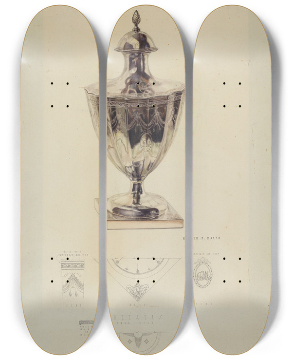 Triptych art skateboard deck of Hardin Walsh Silver Sugar Urn by Hardin Walsh