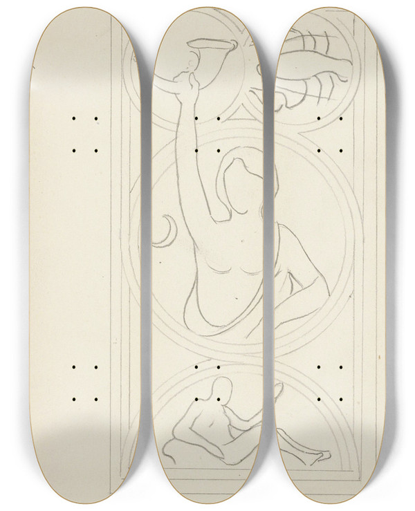 Triptych art skateboard deck of Antoon Derkinderen Personificatie Van De Maan In Een Medaillon by Antoon Derkinderen (1859-1925)