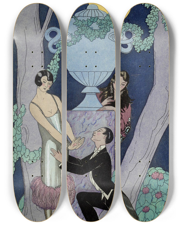 Triptych art skateboard deck of George Barbier Falbalas Et Fanfreluches L Olsarice by George Barbier (1882-1932)