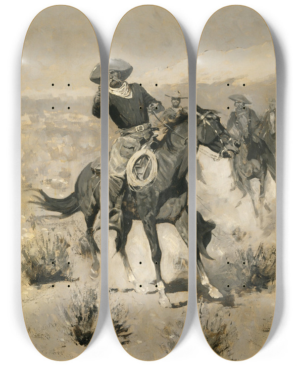 Triptych art skateboard deck of Frederic Remington Days On The Range Hands Up by Frederic Remington (1861-1909)