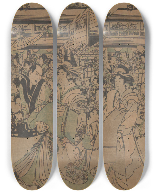 Triptych art skateboard deck of Kitagawa Utamaro Scene In Yoshiwara by Kitagawa Utamaro (1753-1806)