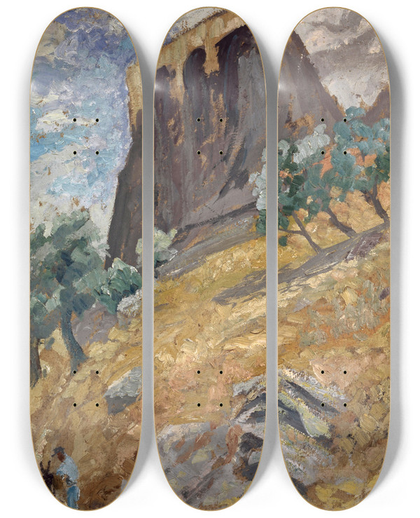 Triptych art skateboard deck of Ernst Schiess Acclivity With Bastion by Ernst Schiess (1872-1919)