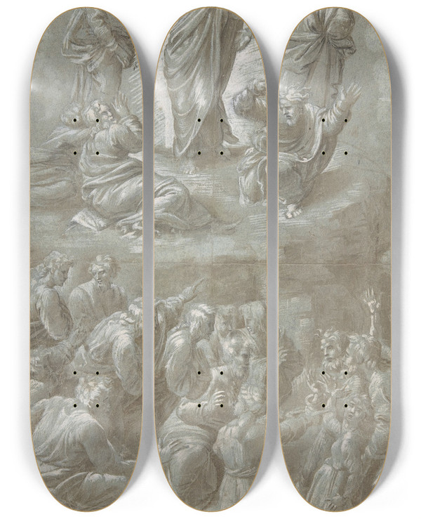 Triptych art skateboard deck of Biagio Pupini The Transfiguration After Raphael by Biagio Pupini (1511-1551)