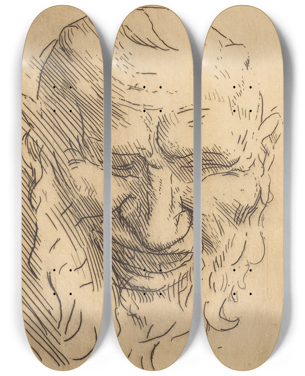 Triptych art skateboard deck of Alphonse Legros Small Satyr Mask Petit Masque De Satyre by Alphonse Legros (1837-1911)