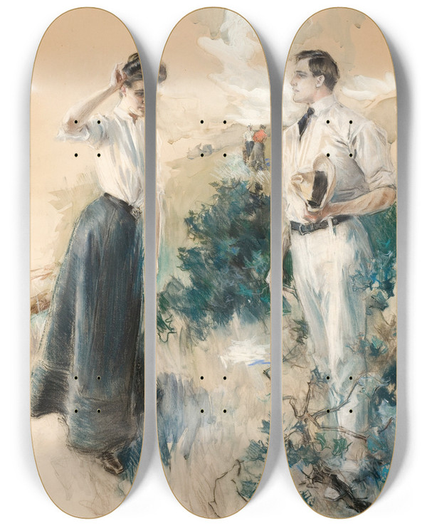 Triptych art skateboard deck of Howard Chandler Christy In The Field by Howard Chandler Christy (1873-1952)