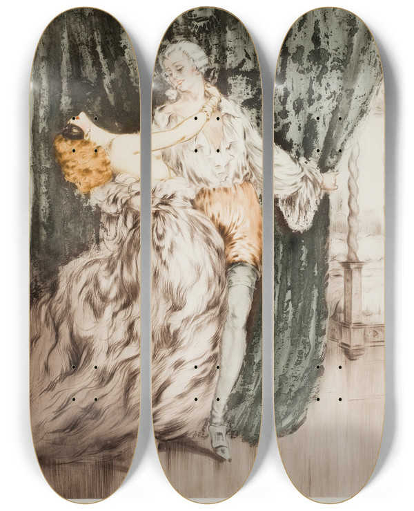 Triptych art skateboard deck of Louis Icart Masquerade by Louis Icart (1888-1950)