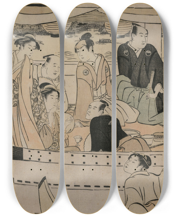 Triptych art skateboard deck of Torii Kiyonaga Boating Party On The Sumida River_3 by Torii Kiyonaga (1752-1815)