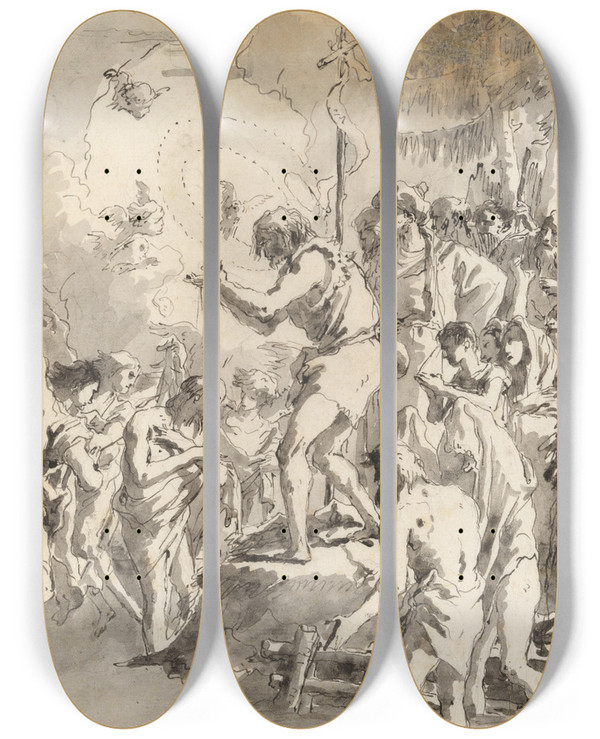Triptych art skateboard deck of Giovanni Domenico Tiepolo The Baptism Of Christ With Three Angels Attending Him by Giovanni Domenico Tiepolo (1727-1804)